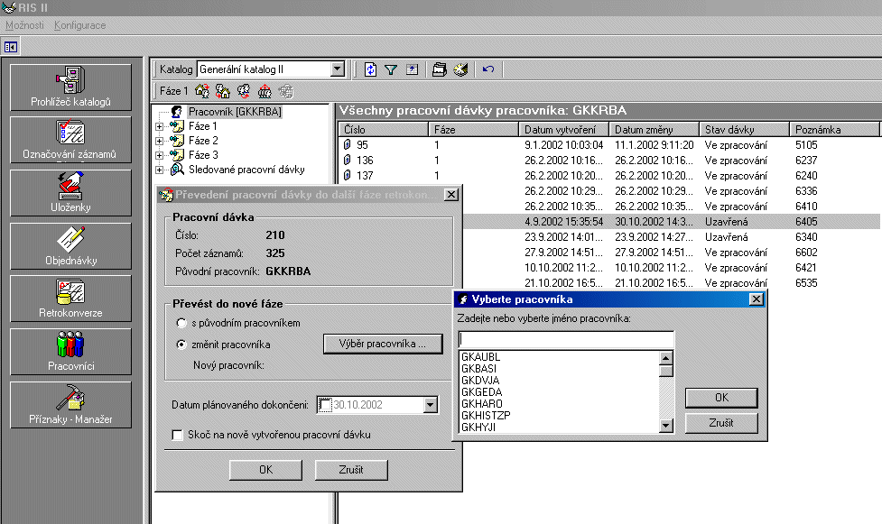 Převod zpracované/uzavřené dávky do další fáze retrospektivní konverze včetně změny pracovníka